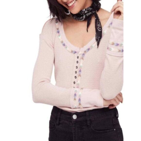 Free People Top Womens Small Rainbow Thermal Henley Embroidered Pink Tribal Boho - Picture 1 of 8